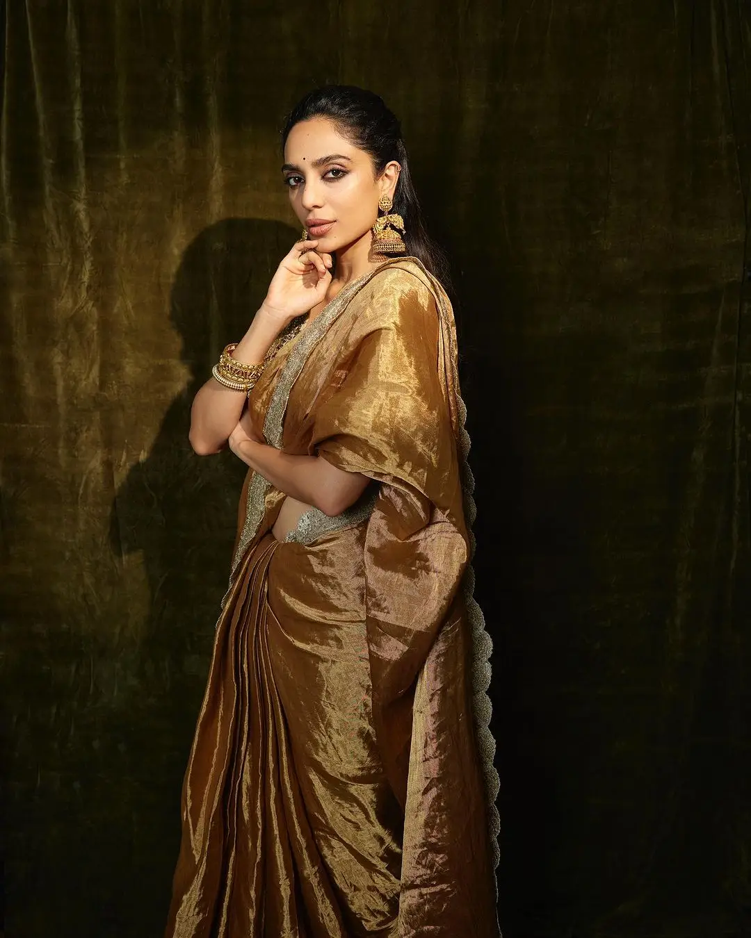 Sobhita Dhulipala Wearing Beautiful Earrings Jewellery Orange Saree Blouse